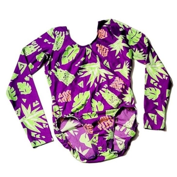 GK Elite VTG 90s Neon Green Tropical Purple AS Leotard Long Sleeve Adult S  NWT - Picture 1 of 10
